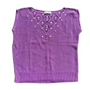 Cuddle Knit Purple Cotton Sleeveless Sweater Pointelle Button Neck Top medium